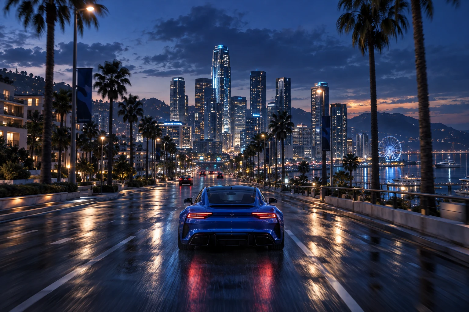 Conceptbeeld van een rit naar de verlichte skyline